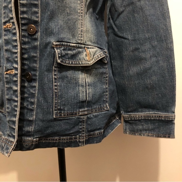 Contrast BLUE jean jacket long  button front SZ M vintage EUC pockets - Picture 3 of 7